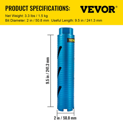VEVOR Core Drill Bit,  50.8 mm Diameter 11 Threaded, 241.3mm Depth Diamond Dry Coring