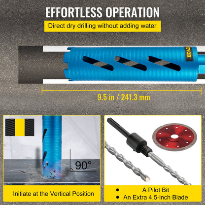 VEVOR Dry Core Drill Bit, 3\" / 76.2mm Diameter 5/8\"-11 Shank Arbor with a Pilot