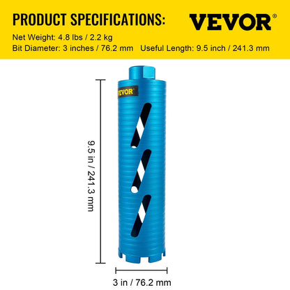 Diamond Core Drill Bit, 76.2mm Diameter, 241.3mm Depth for Concrete & Brick