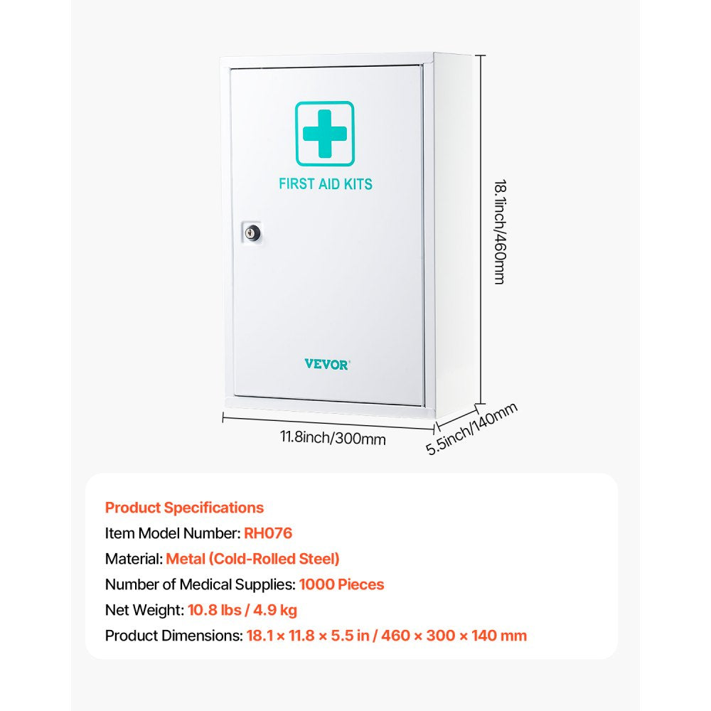 VEVOR 3-Shelf First Aid Cabinet 1000 Pieces Wall Mounted Medicine Metal Cabinet