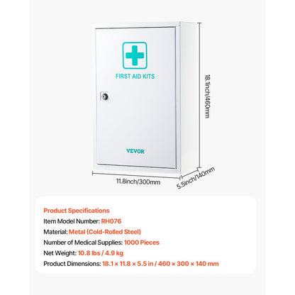 VEVOR 3-Shelf First Aid Cabinet 1000 Pieces Wall Mounted Medicine Metal Cabinet