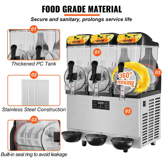 Commercial Slush Machine - 3 x 12L (3.2 Gallon) for Frozen Drinks and Smoothies