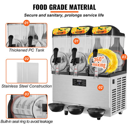 VEVOR 3 x 12L / 3.2 Gal Commercial Slush Machine Margarita Smoothie Frozen Drink