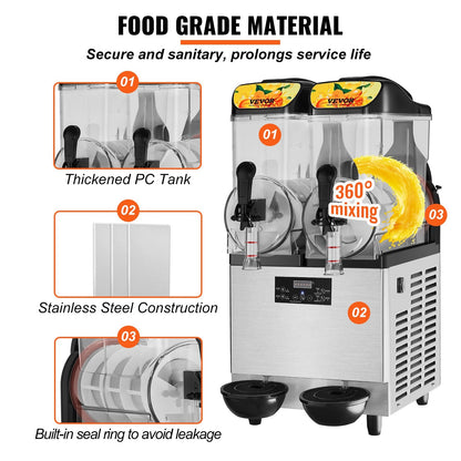 Dual 12L Commercial Slush Machine for Frozen Drinks and Smoothies