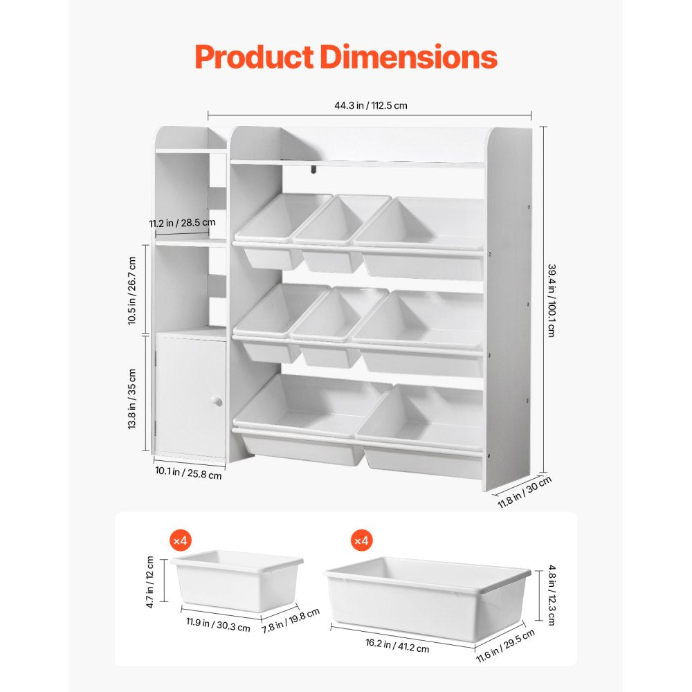 4-Tier Kids Toy Storage and Bookshelf with 8 Flexible Plastic Bins White