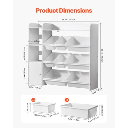 4-Tier Kids Toy Storage and Bookshelf with 8 Flexible Plastic Bins White