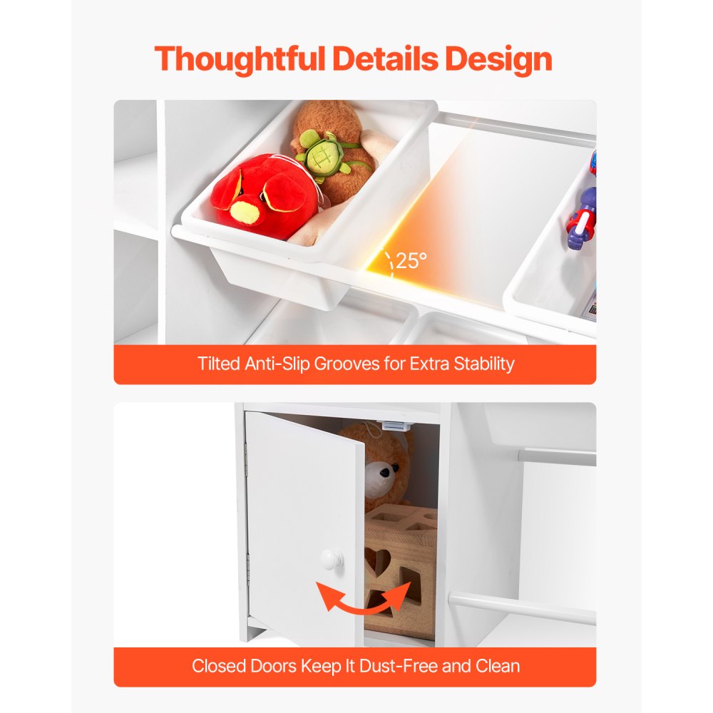 4-Tier Kids Toy Storage and Bookshelf with 8 Flexible Plastic Bins White