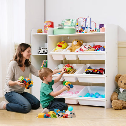 4-Tier Kids Toy Storage and Bookshelf with 8 Flexible Plastic Bins White