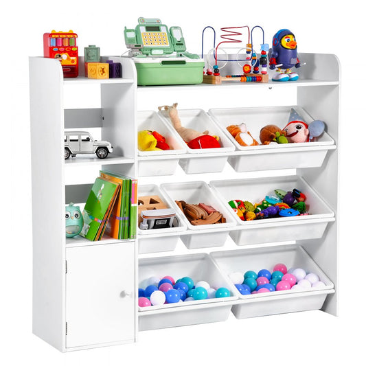 4-Tier Kids Toy Storage and Bookshelf with 8 Flexible Plastic Bins White