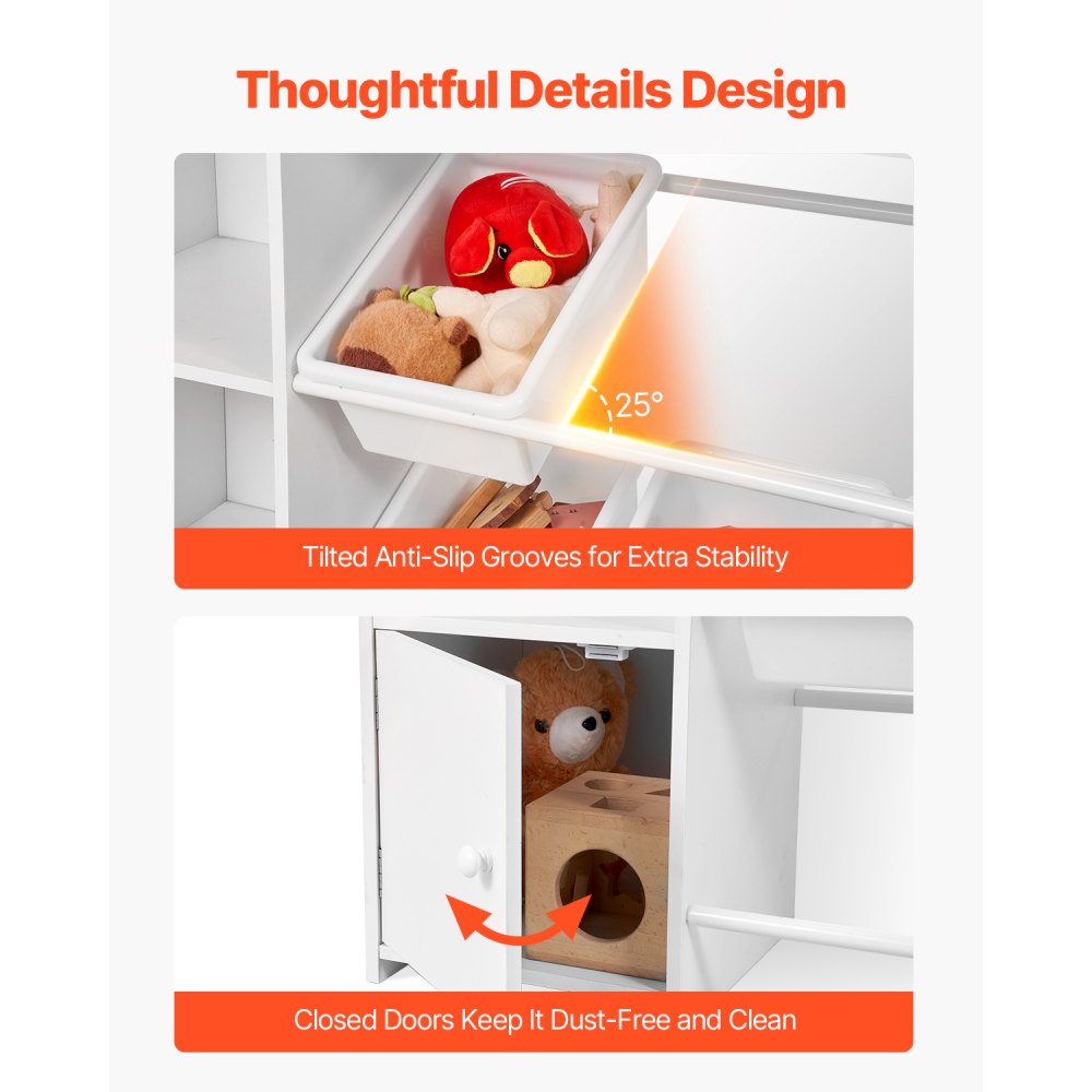 4-Tier Large Kids Toy Storage and Bookshelf with 8 Plastic Bins White