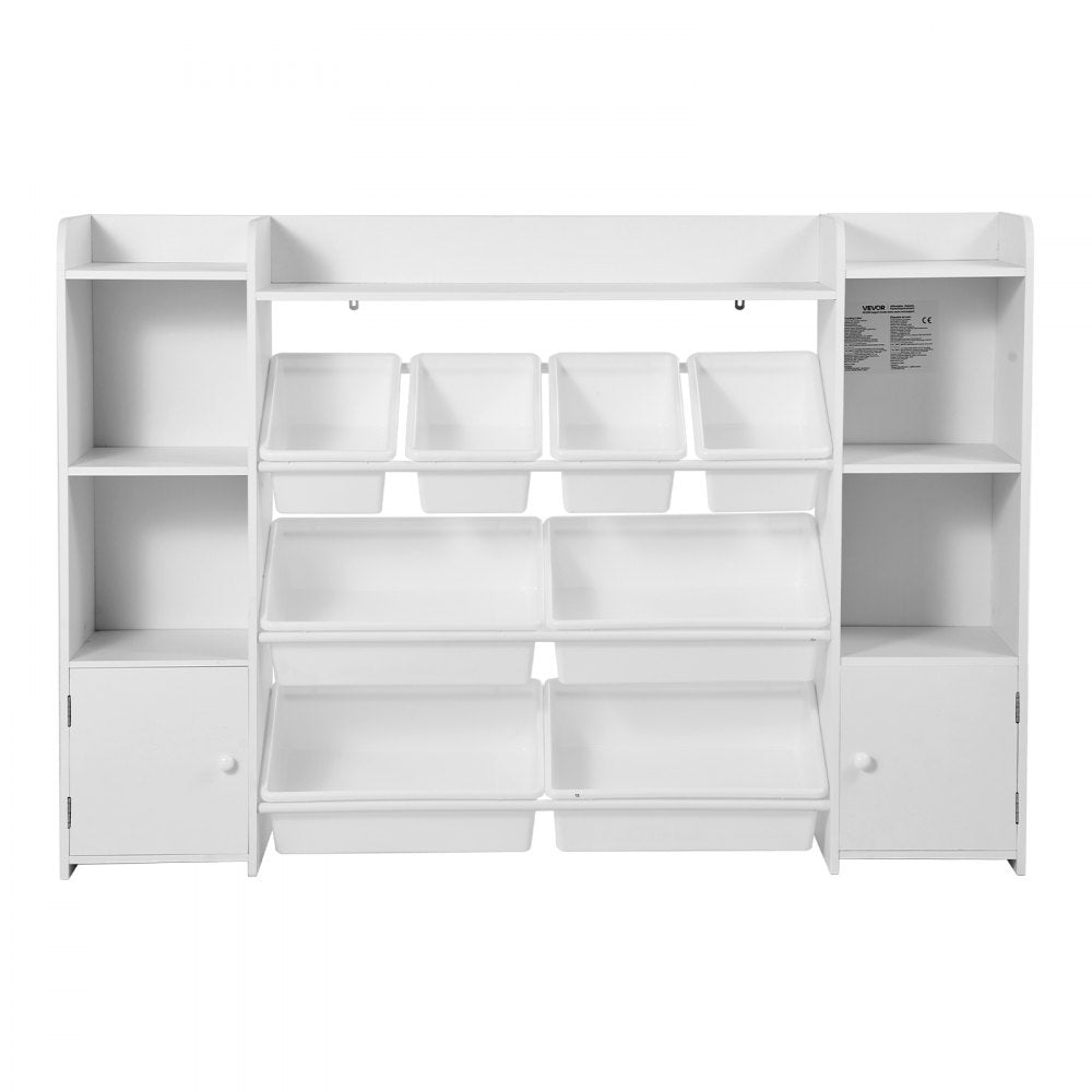 4-Tier Large Kids Toy Storage and Bookshelf with 8 Plastic Bins White