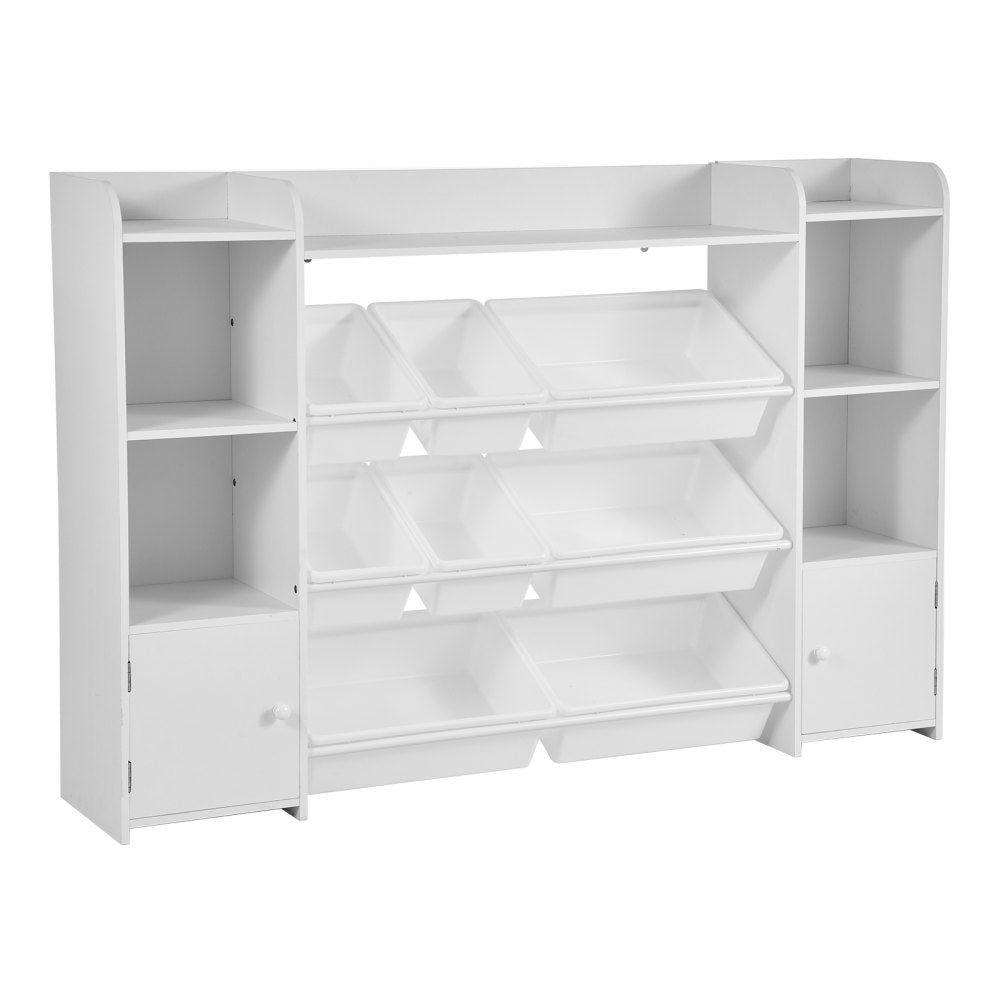 4-Tier Large Kids Toy Storage and Bookshelf with 8 Plastic Bins White
