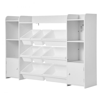 4-Tier Large Kids Toy Storage and Bookshelf with 8 Plastic Bins White