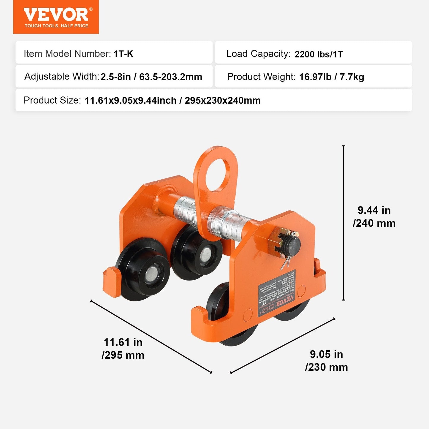 1 Ton Manual Push Beam Trolley, Adjustable 0.06-0.20 m, Heavy Duty Alloy Steel