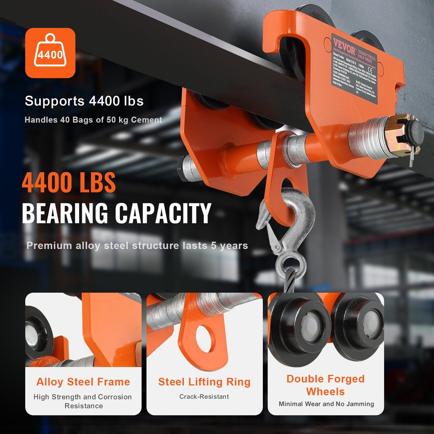 Heavy-duty alloy steel construction supports loads up to 4400 pounds for demanding garage and factory work