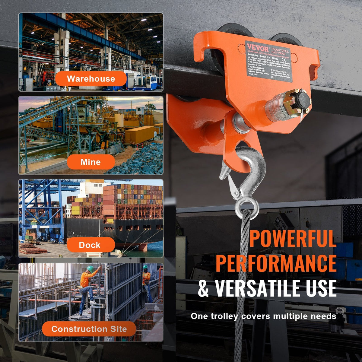 Dual axle wheels and sealed bearings provide smooth manual movement along beams with reduced rolling resistance