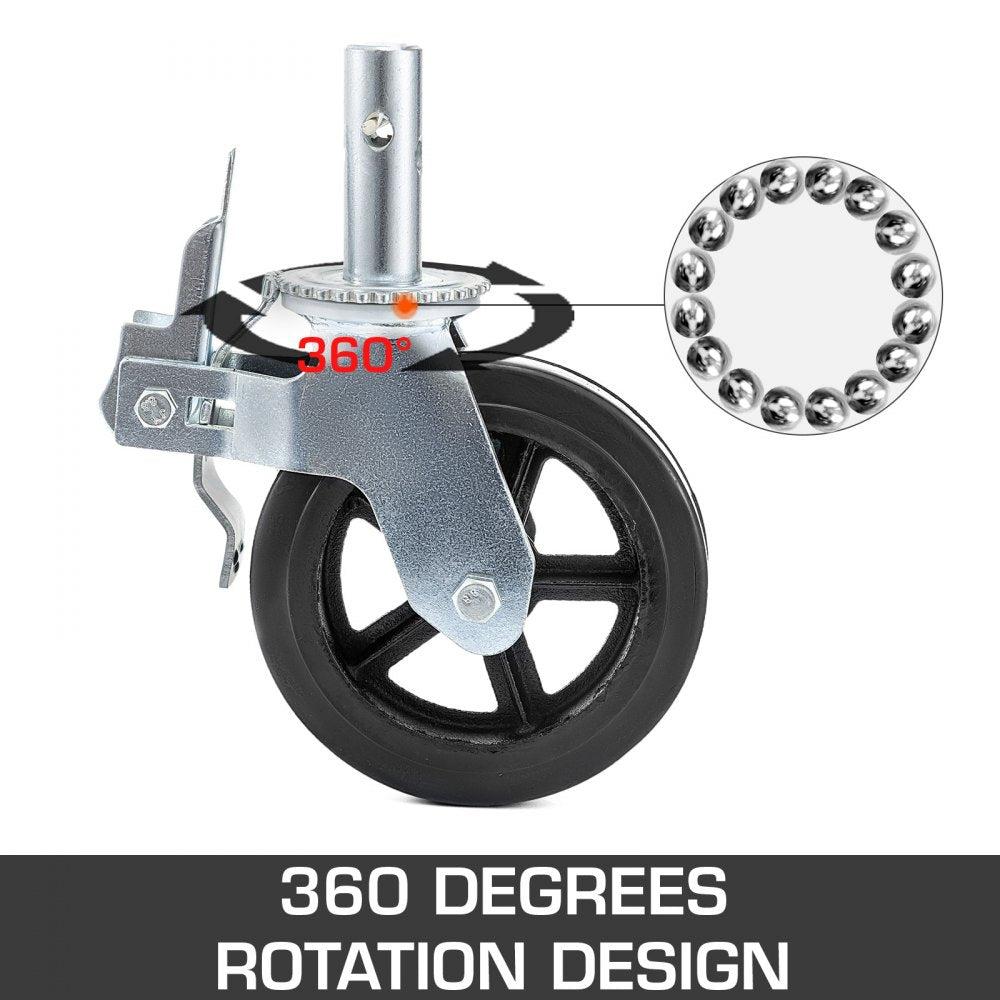 VEVOR 20 x 5 cm Heavy Duty Scaffolding Rubber Swivel Caster 4 Pack Dual Locking