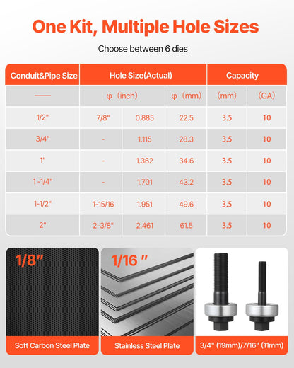 Knockout Punch Set, 12.7 to 50.8mm SLUG-Buster Ratchet Knockout Set, Ratchet Wrench Knockouts Punch Sets for Aluminum, Mild steel, Fiberglass, Plastics, 6 Die Sizes, 40Cr Steel Ko Tool Kit