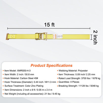8-Pack Heavy-Duty Ratchet Tie Down Straps with Hooks, 0.05m x 4.6m, 662kg Load