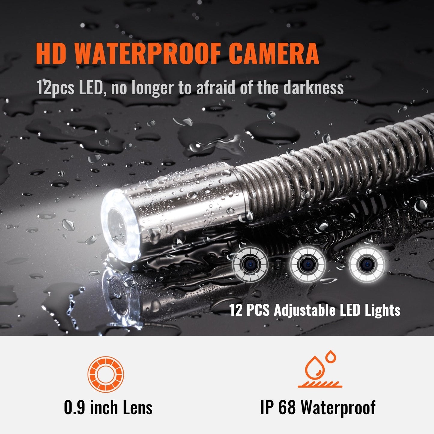 Sewer Inspection Camera, 91.5 m, 9" Screen with DVR & 16GB SD Card, Waterproof IP68