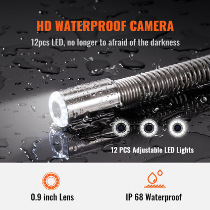VEVOR Sewer Camera, 50 m, 9" Screen Pipeline Inspection Camera with DVR Function,