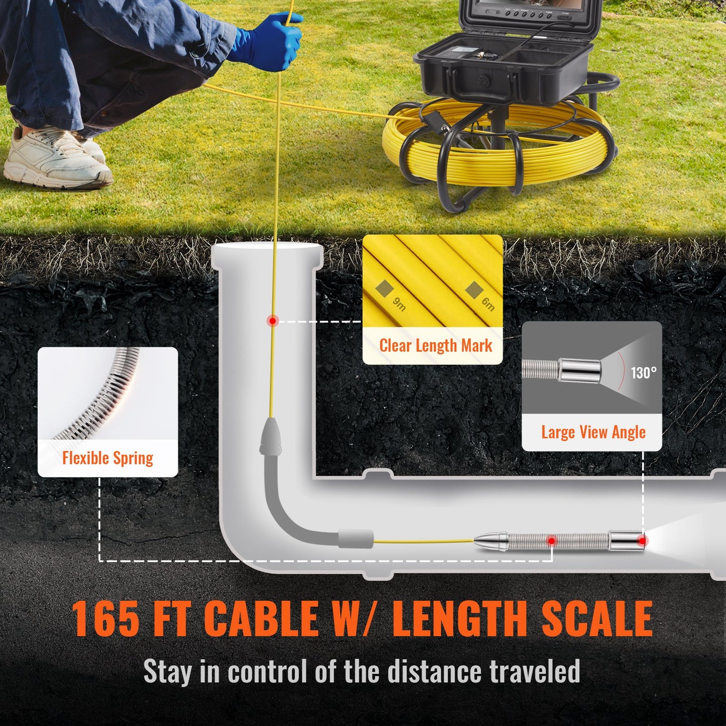 VEVOR Sewer Camera, 50 m, 9" Screen Pipeline Inspection Camera with DVR Function,