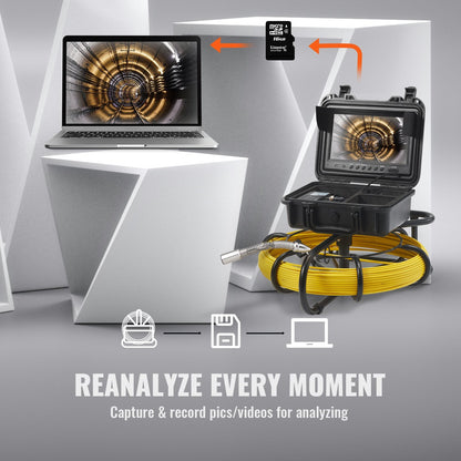 50m Pipeline Inspection Camera with 9" Screen and DVR, Waterproof IP68