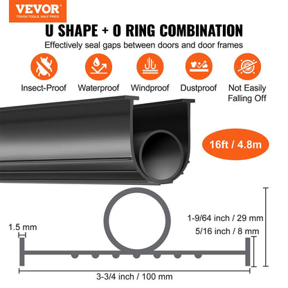 Garage Door Bottom Weather Seal, U + O Shape, 4.8m, Black, Easy Install