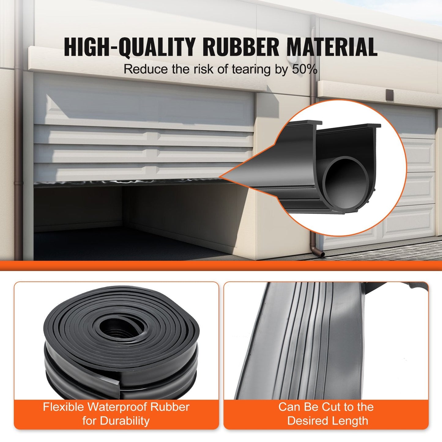 Garage Door Weather Seal, U + O Shape, 6m Length, 8mm Ends, 100mm Width, Black