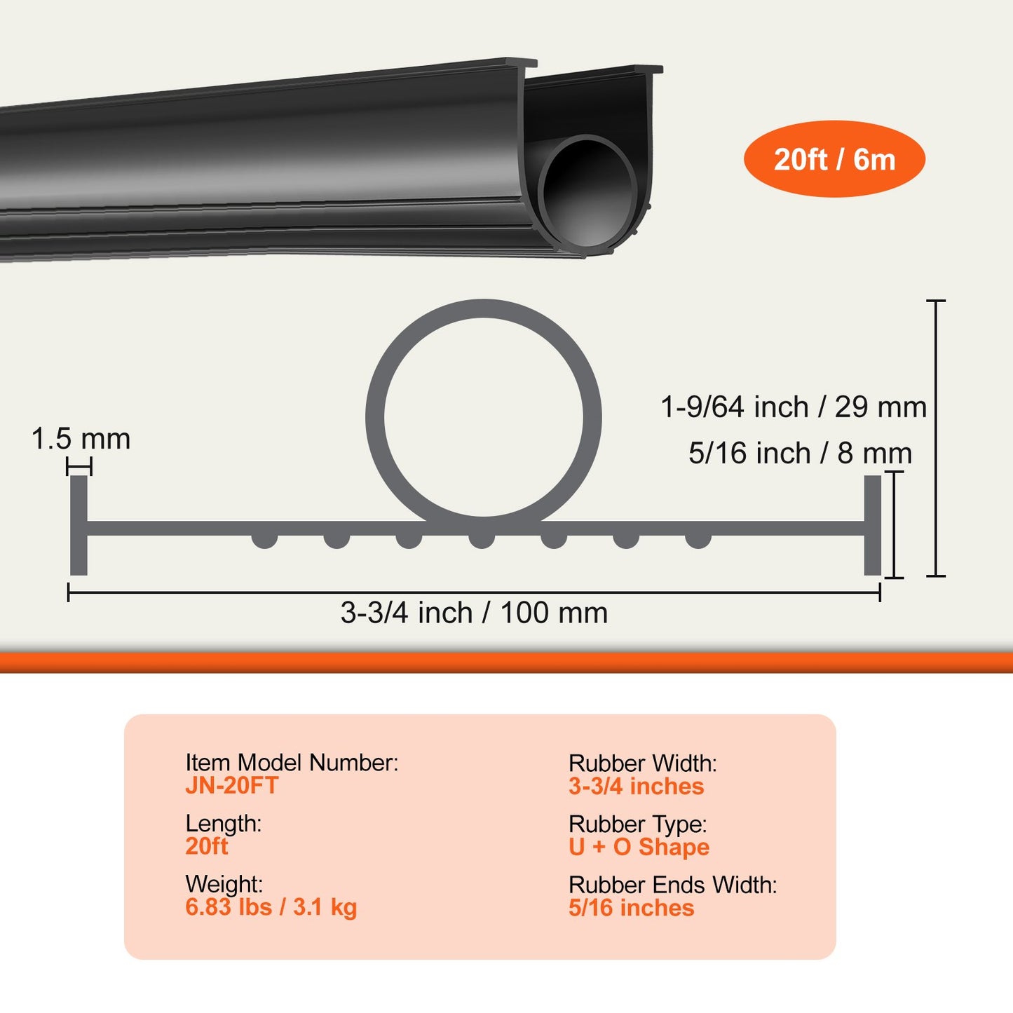 VEVOR Garage Door Seals Bottom Rubber, U Shape +O Ring Combination Garage Door Bottom