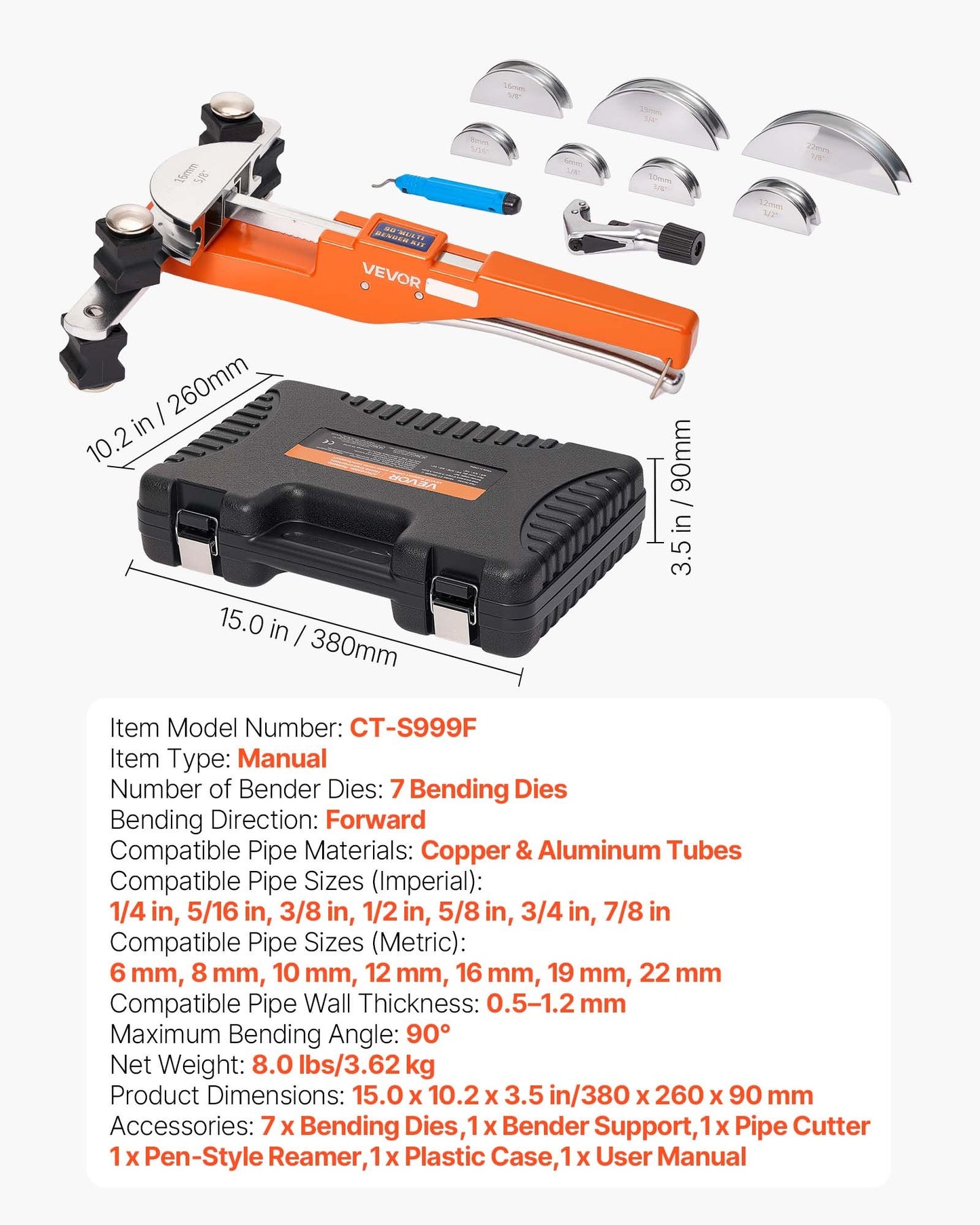 Tubing Bender Kit, 6 mm to 22 mm, Compact Ratcheting Tube Pipe Bender, Ratchet Hand Bending Tool, with 7 Aluminium Alloy Dies, HVAC Tools, for Copper Aluminum HVAC Refrigeration Maintenance