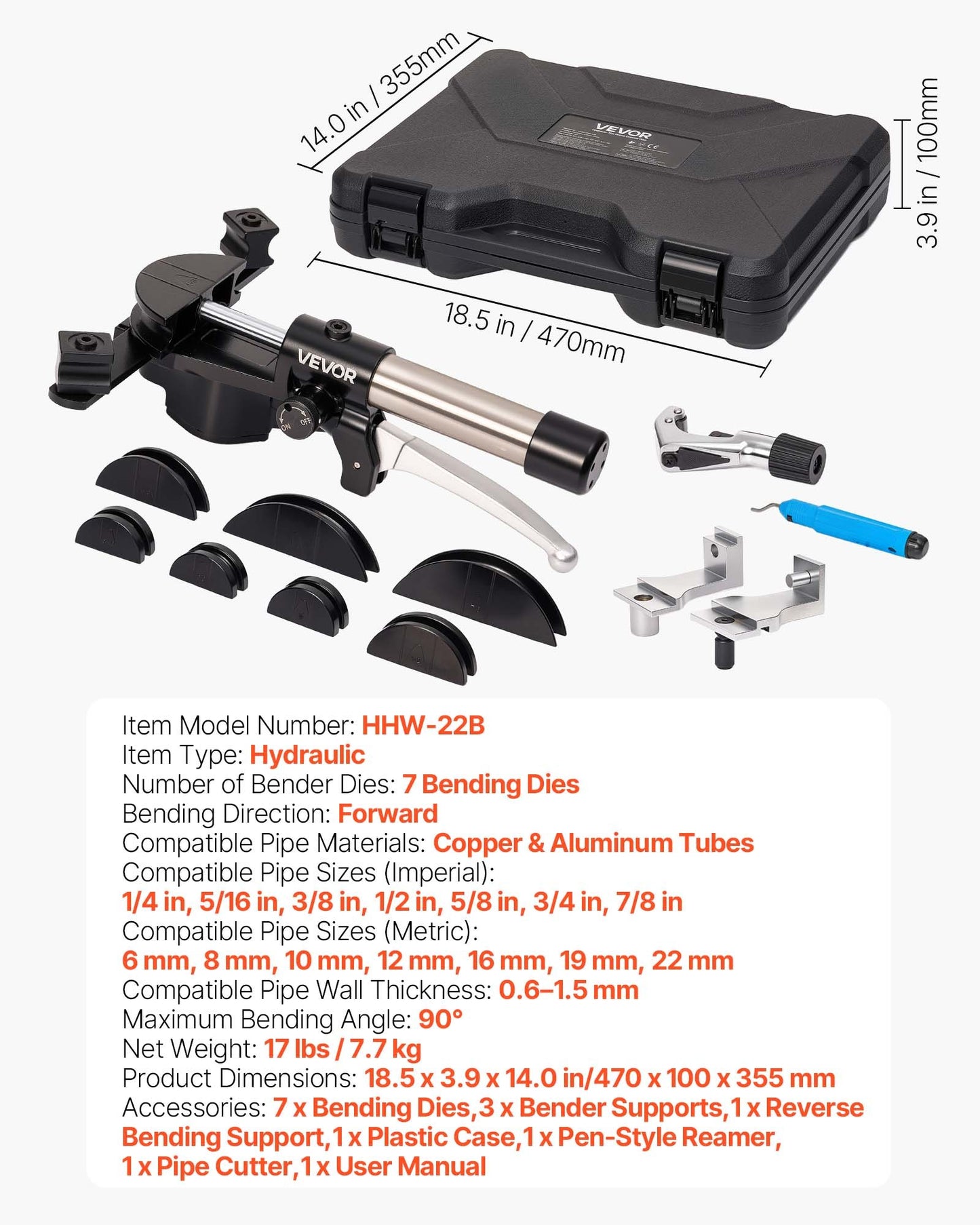 Hydraulic Tubing Bender Kit, 6 mm to 22 mm, Copper Tube Pipe Bender, Forward/Reverse HVAC Bending Tool Set, with 7 Aluminium Alloy Dies, for HVAC Air Conditioning Refrigeration Automotive Repair