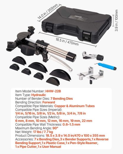 Hydraulic Tubing Bender Kit, 6 mm to 22 mm, Copper Tube Pipe Bender, Forward/Reverse HVAC Bending Tool Set, with 7 Aluminium Alloy Dies, for HVAC Air Conditioning Refrigeration Automotive Repair