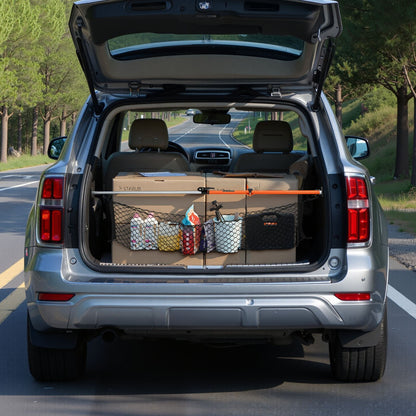 Cargo Bar, Ratcheting Cargo Bars Adjustable from 1016mm to 1854mm, Heavy-duty Steel Cargos Stabilizer with Storage Net & Divider Bar, Telescoping Load Lock Bars for SUVs, Sedans