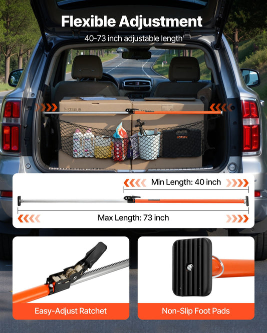 Cargo Bar, Ratcheting Cargo Bar Adjustable from 1016mm to 1854mm, Heavy-duty Steel Cargos Stabilizer with Storage Net & Non-Slip Pads, Telescoping Load Lock Bars for SUVs, Sedans, Vans