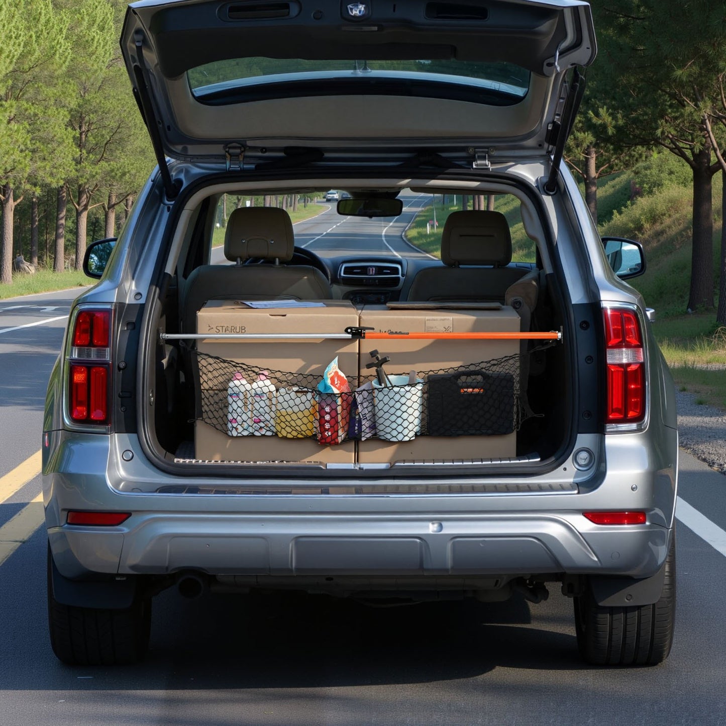 Cargo Bar, Ratcheting Cargo Bar Adjustable from 1016mm to 1854mm, Heavy-duty Steel Cargos Stabilizer with Storage Net & Non-Slip Pads, Telescoping Load Lock Bars for SUVs, Sedans, Vans