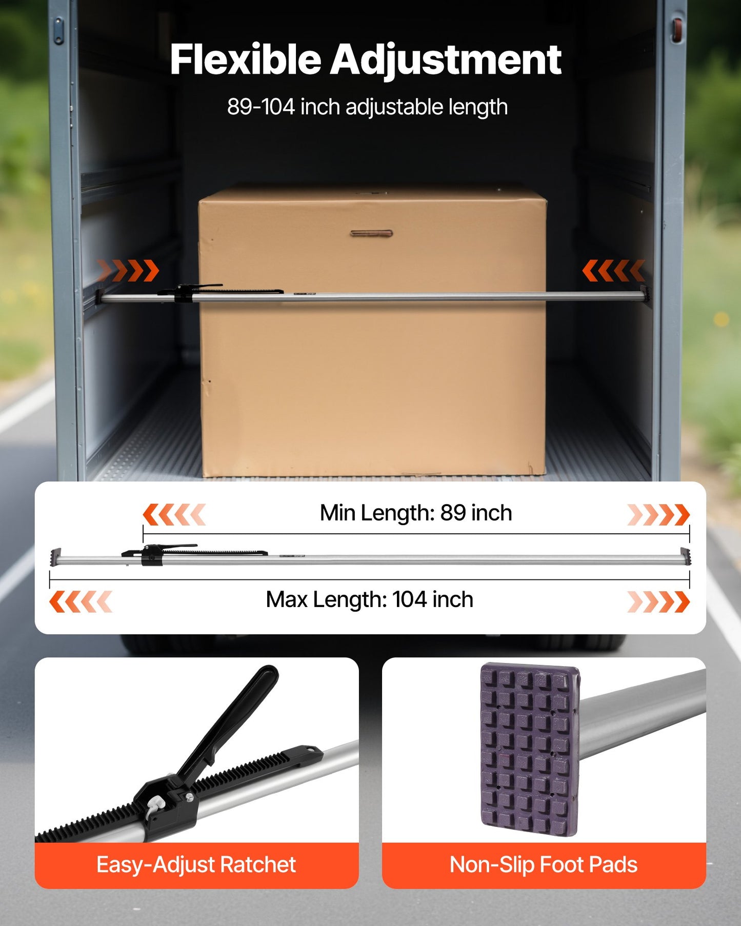 Cargo Bar, Ratcheting Cargo Bar Adjustable from 2261mm to 2642mm, Heavy-duty Steel Cargos Stabilizer with Non-Slip Foot Pad, Truck Bed Load Lock Bars for Box Truck, Semi-Trailer, Trailer (2PCS)