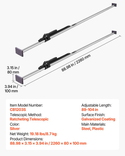 Cargo Bar, Ratcheting Cargo Bar Adjustable from 2261mm to 2642mm, Heavy-duty Steel Cargos Stabilizer with Non-Slip Foot Pad, Truck Bed Load Lock Bars for Box Truck, Semi-Trailer, Trailer (2PCS)