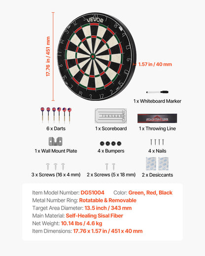 Dartboard with 6 Darts & Scoring Kit, Self-Healing Sisal Fibers Dartboard with Staple-Free Bullseye & Rotating Number Ring, 451mm Professional Steel Tip Dart Board Set for Home Party Game Room