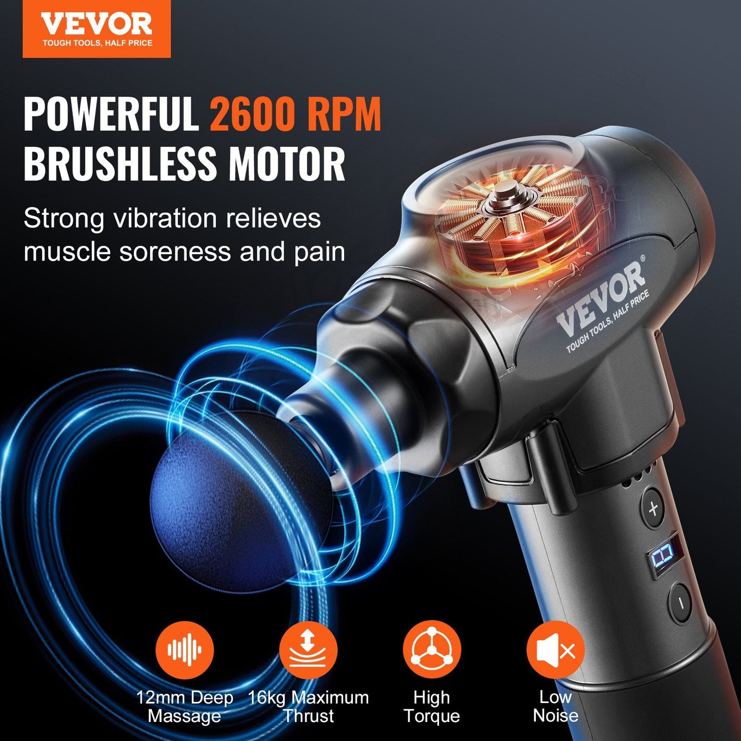 Deep Tissue Percussion Muscle Massager for Athletes - 9 Speeds, 6 Heads