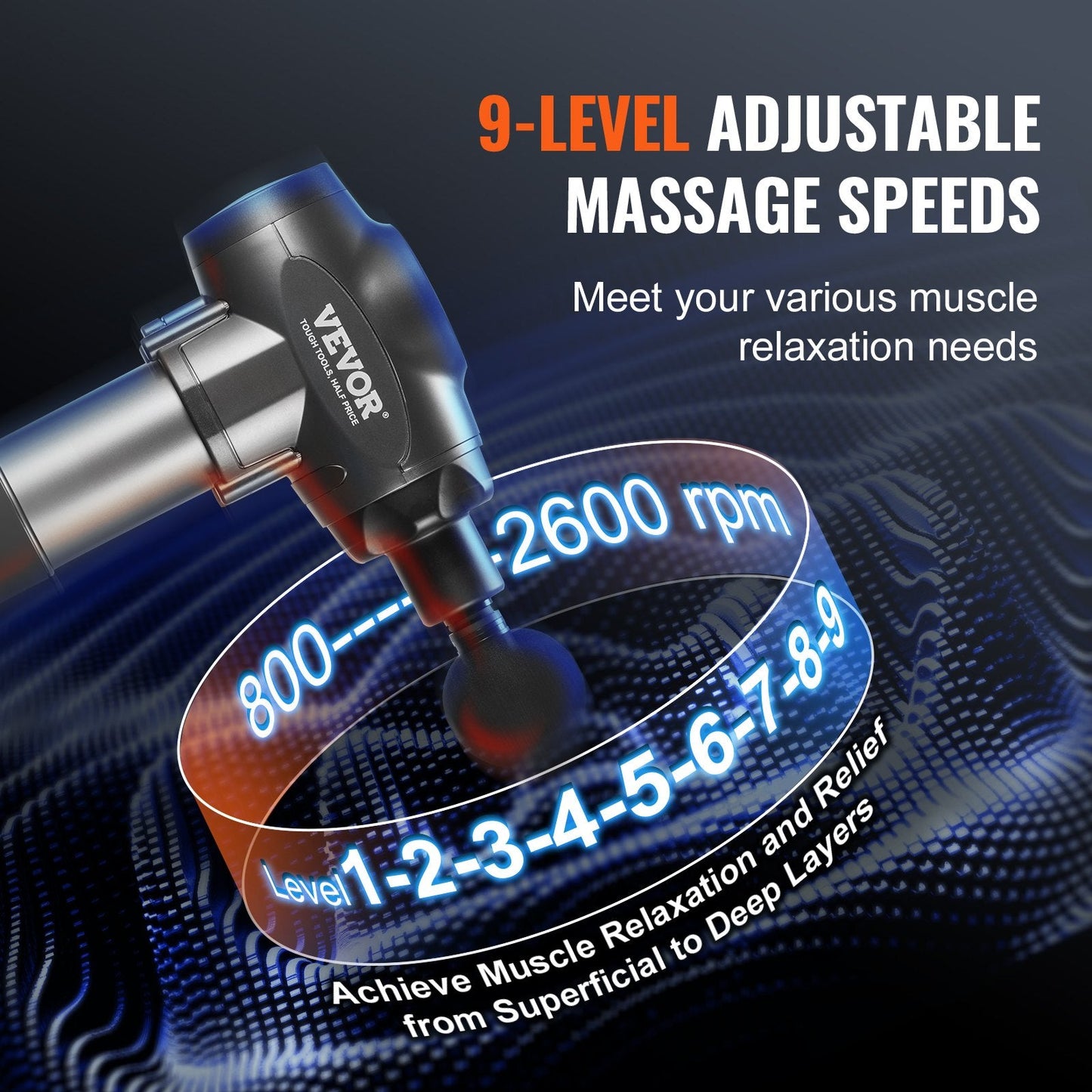 Deep Tissue Percussion Muscle Massager for Athletes - 9 Speeds, 6 Heads