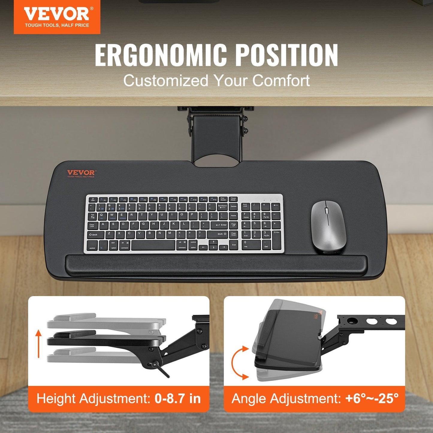 Adjustable Under-Desk Keyboard Tray with Ergonomic Design, 0-0.22m Height Range