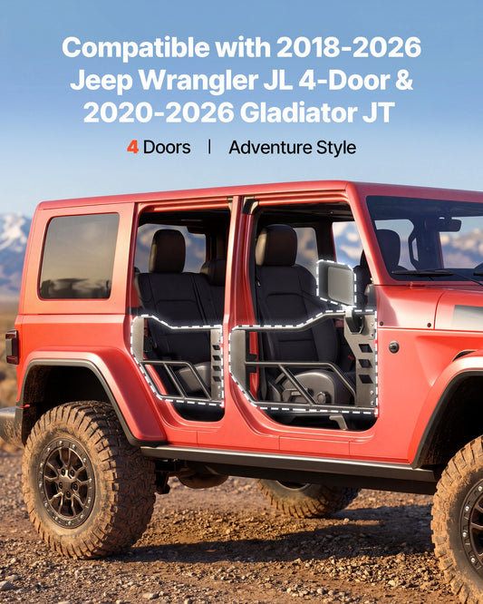 Jeep Tube Doors, 4-Door, Compatible with 2018-2026 Jeep Wrangler JL & 2020-2026 Gladiator JT, Steel Off Road Front & Rear Tubular Half Doors with DOT Certified Side View Mirrors and Rubber Pads