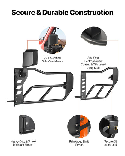 Jeep Tube Doors, 4-Door, Compatible with 2018-2026 Jeep Wrangler JL & 2020-2026 Gladiator JT, Steel Off Road Front & Rear Tubular Half Doors with DOT Certified Side View Mirrors and Rubber Pads