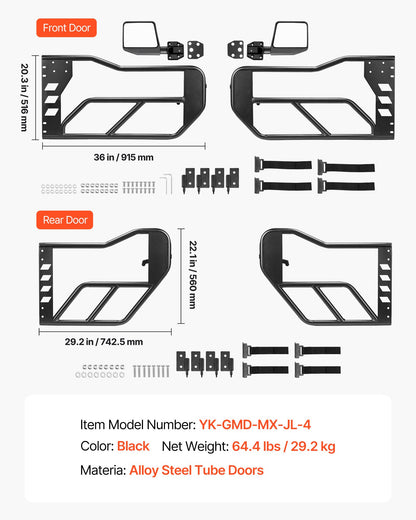 Jeep Tube Doors, 4-Door, Compatible with 2018-2026 Jeep Wrangler JL & 2020-2026 Gladiator JT, Steel Off Road Front & Rear Tubular Half Doors with DOT Certified Side View Mirrors and Rubber Pads