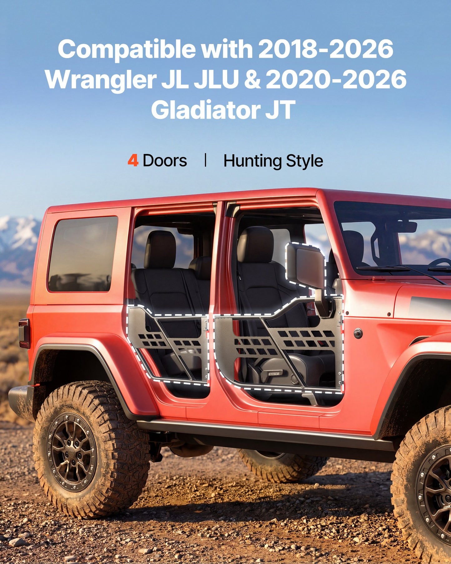 Jeep Tube Doors, 4-Door, Compatible with 2018-2026 Wrangler JL JLU & 2020-2026 Gladiator JT, Steel Off Road Front & Rear Tubular Half Doors with DOT Certified Side View Mirrors and Rubber Pads