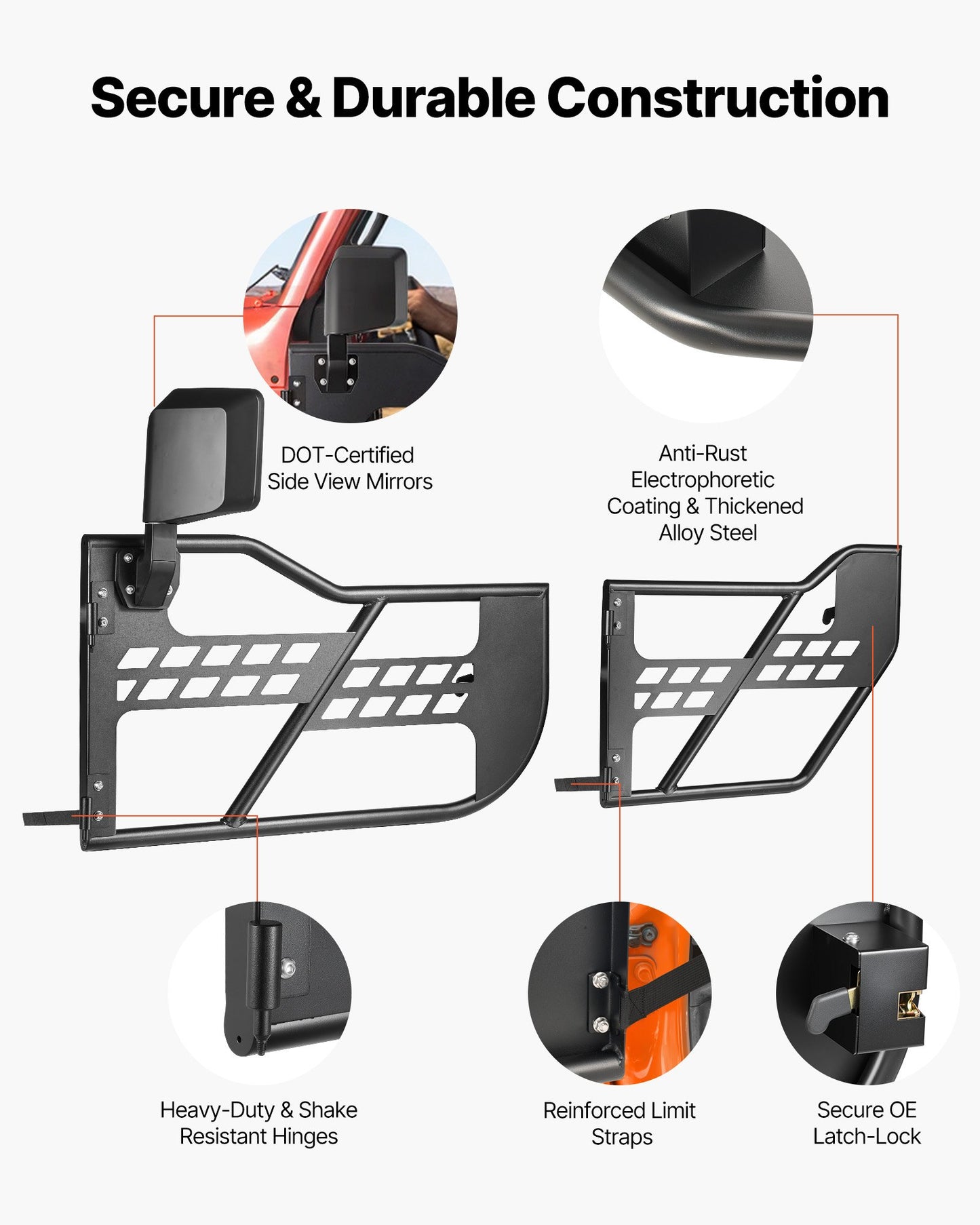 Jeep Tube Doors, 4-Door, Compatible with 2018-2026 Wrangler JL JLU & 2020-2026 Gladiator JT, Steel Off Road Front & Rear Tubular Half Doors with DOT Certified Side View Mirrors and Rubber Pads