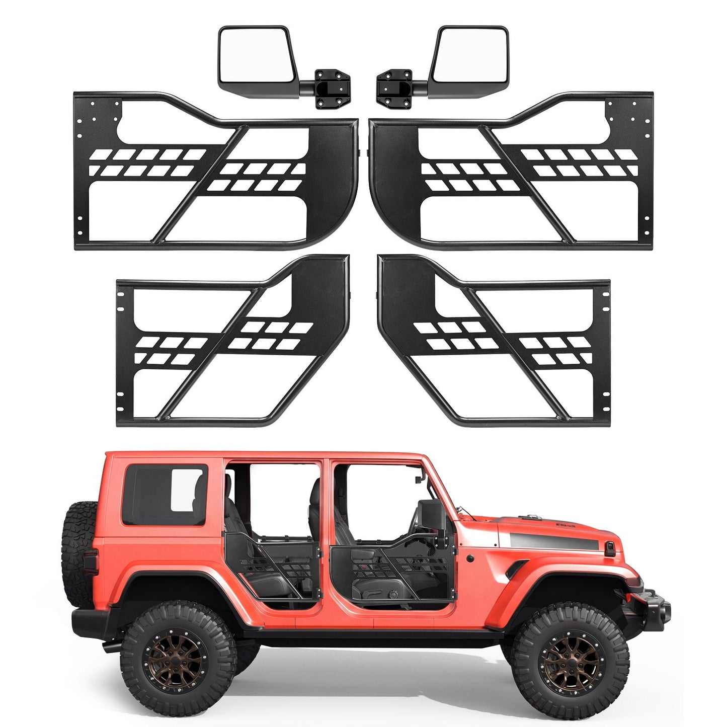 Jeep Tube Doors, 4-Door, Compatible with 2018-2026 Wrangler JL JLU & 2020-2026 Gladiator JT, Steel Off Road Front & Rear Tubular Half Doors with DOT Certified Side View Mirrors and Rubber Pads