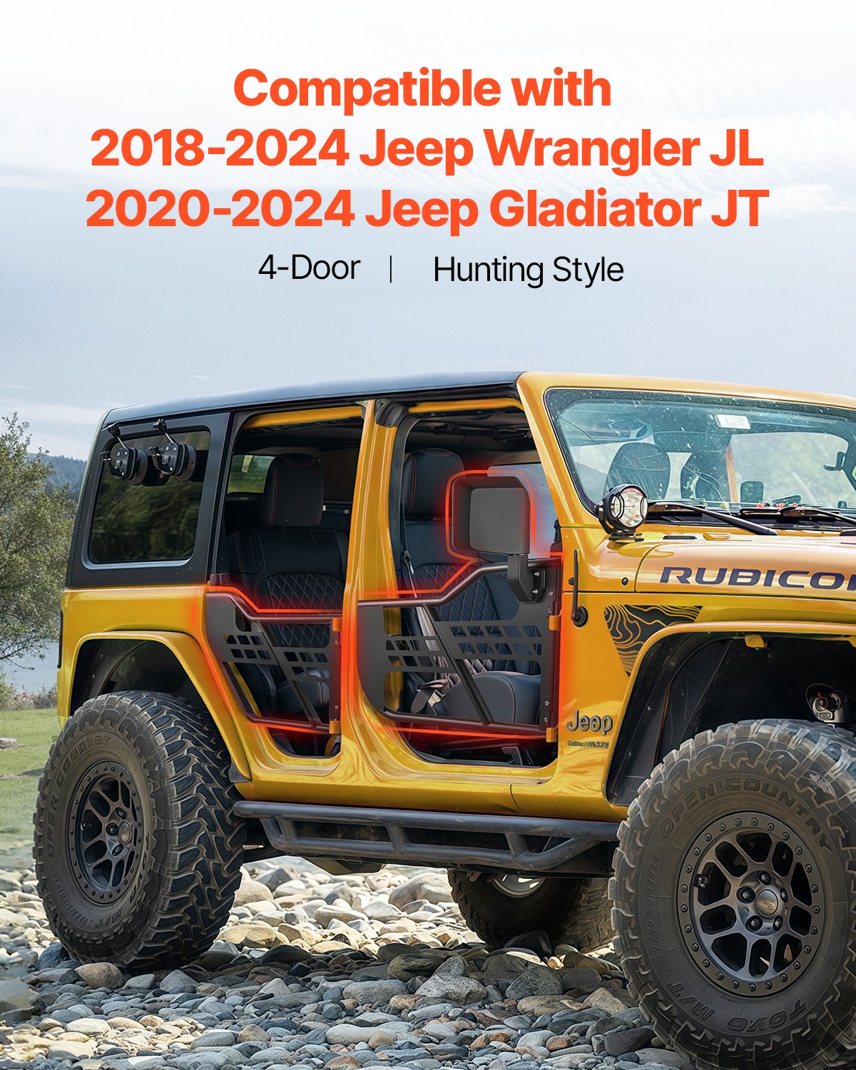 Jeep Tube Doors, 4-Door, Hunting Style Jeep Tubular Door with DOT Certified Rear View Mirrors, Jeep Doors with Rear Mirrors for 2018-2024 Jeep Wrangler JL & 2020-2024 Jeep Gladiator JT