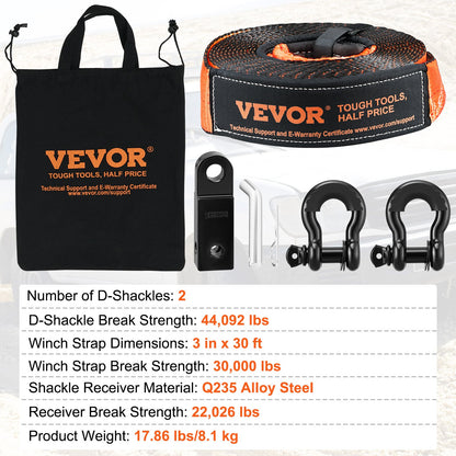 VEVOR Off-Road Recovery Kit, 7.6 x 914.4 cm, Heavy Duty Winch Recovery Kit with